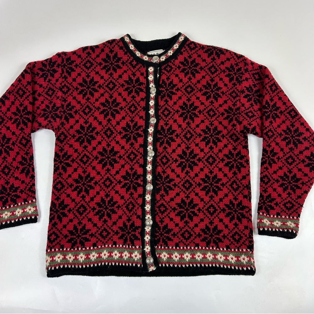 Vintage LL Bean Womens Medium Wool Cardigan Nordic Fair Isle Snowflake Red